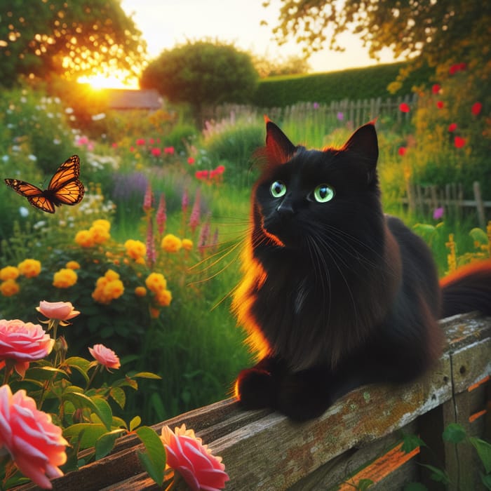 Enchanting Black Cat in Flower Garden at Sunset