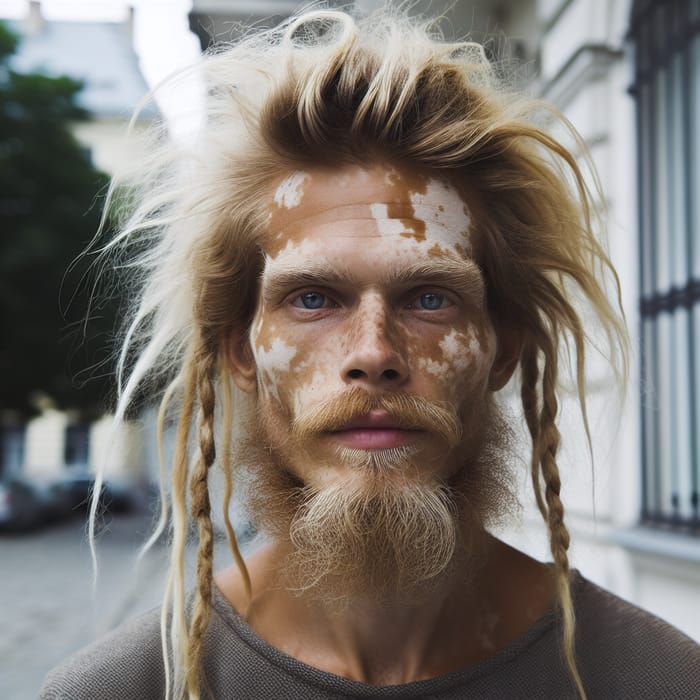 Complete Image of a 33-Year-Old Caucasian Man with Vitiligo, Blonde Hair Braids