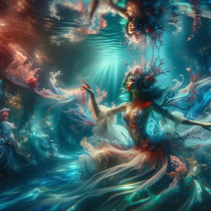 Mystical Mermaid in Vibrant Colors, Ethereal Lighting Underwater