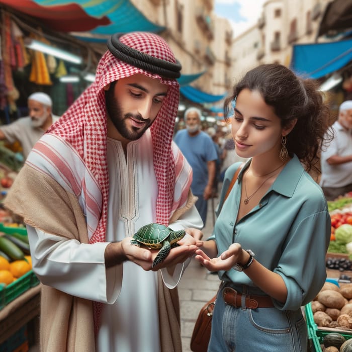 Captivating Market Scene: Man Showcasing Turtle to Interested Woman