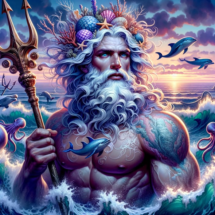 Poseidon - Greek God of the Sea Rising with Trident & Sea Creatures