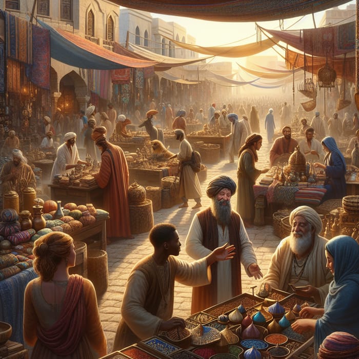 Vibrant Marketplace Bustling with Diverse Traders