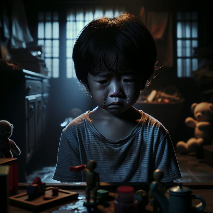 Melancholic Scene: Innocent Asian Child Crying in Dimly Lit Room