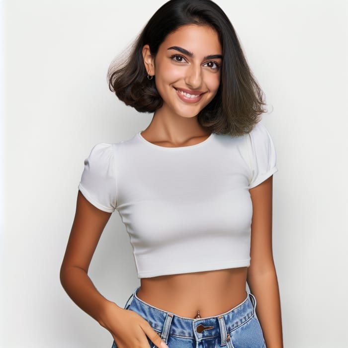 Stylish Woman in White Crop Top and Jeans Smiling, Fashion Photo, AI Art  Generator