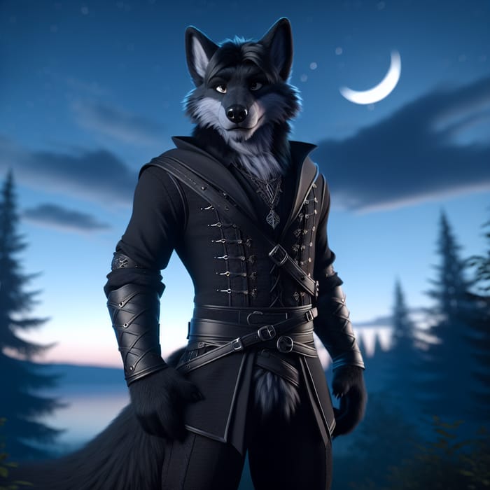 Sleek Black Wolf in Nordic Warrior Garb, Twilight Setting