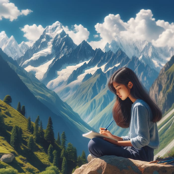 Girl Drawing in High Mountains: Capturing Serene Beauty