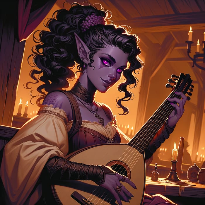 Captivating Tiefling Rogue Playing Lute in Fantasy Tavern
