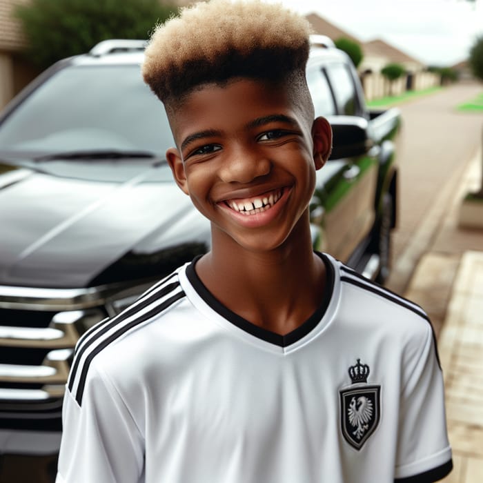Portrait of a Smiling 14-Year-Old Black Boy with Unique South African Haircut