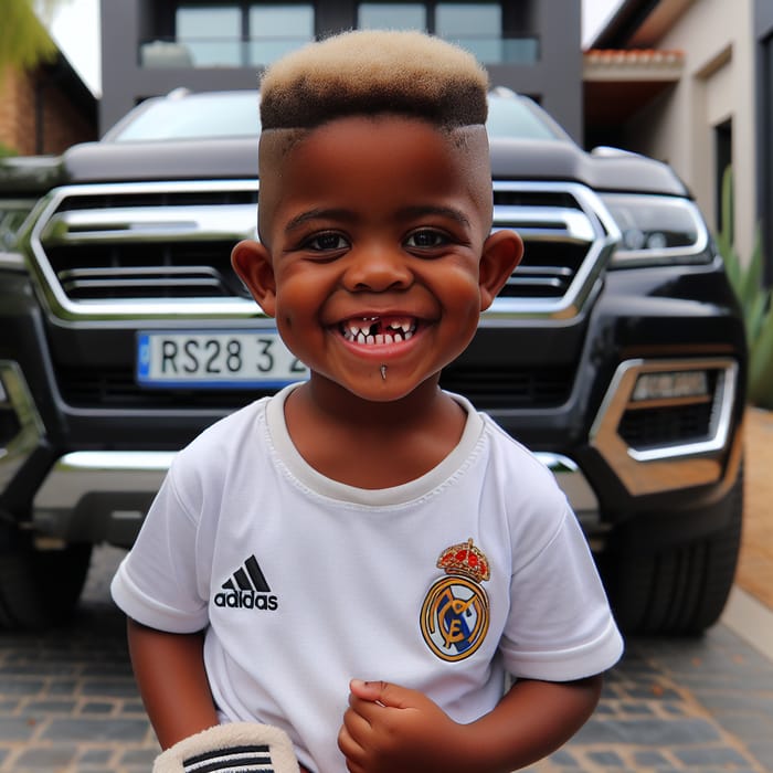Smiling 5-Year-Old South African Boy with Unique Hairstyle in Real Madrid Shirt