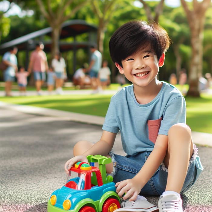 Cheerful Asian Boy Playing with Toy Car in Park