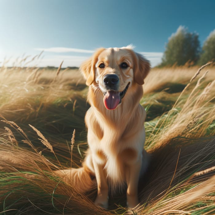 Playful Yellow Dog in Open Field | Adorable Pet Photography