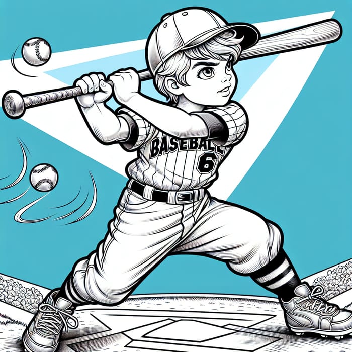 Young Caucasian Boy Playing Baseball in #6 Coloring Book Illustration