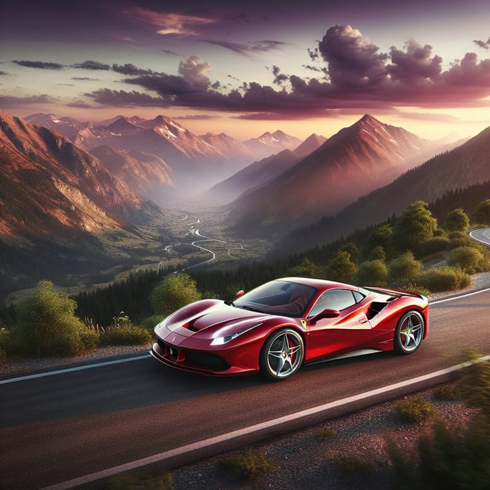 Luxury Red Sports Car Cruising in Majestic Mountains