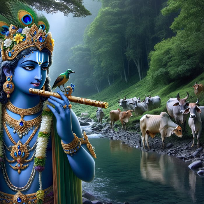 Krishna Deity: Engaging Blue-Skinned Figure with Flute