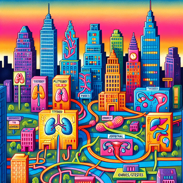 Vibrant Endocrine System Cityscape: Pituitary, Thyroid, Adrenal