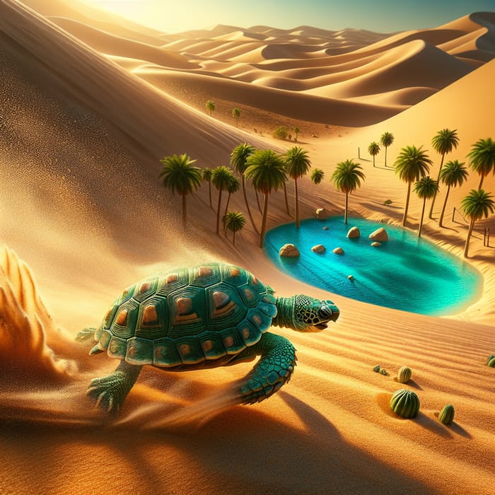 Turtle Discovers Water Oasis in Arid Desert