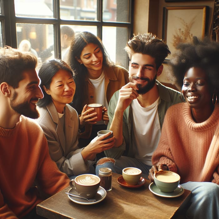 Diverse Friends Gathering at Cozy Coffee Shop