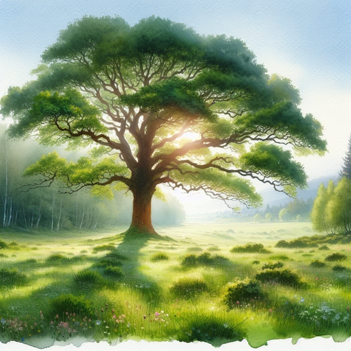 Tranquil Tree Watercolor Drawing with Verdant Meadow Scene