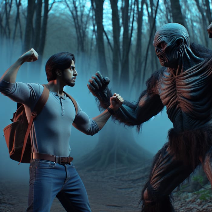 Brave Hispanic Individual Scares Menacing Creature in Misty Forest