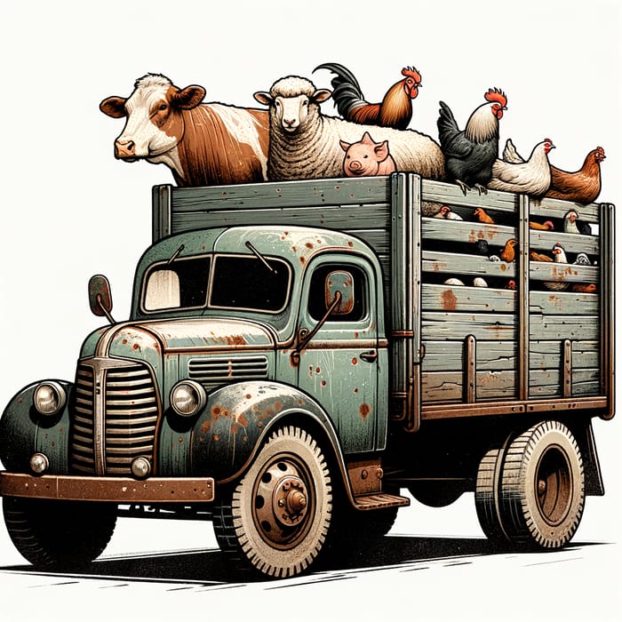 Vintage Farm Truck with Animals - Rustic Charm Illustration