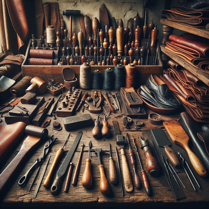 Shoemakers Work Desk: Tools and Leather Craftmanship
