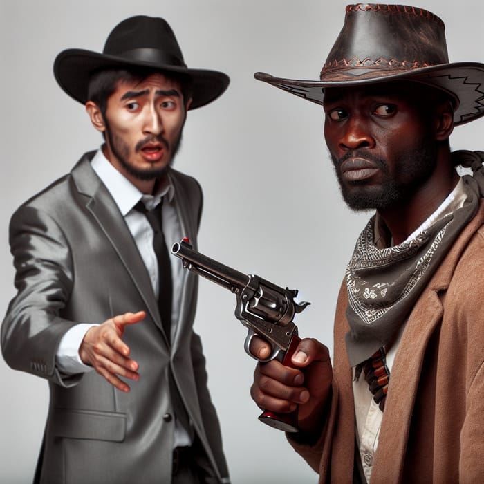 Gritty African American Cowboy Aiming with Revolver at Uzbek Man