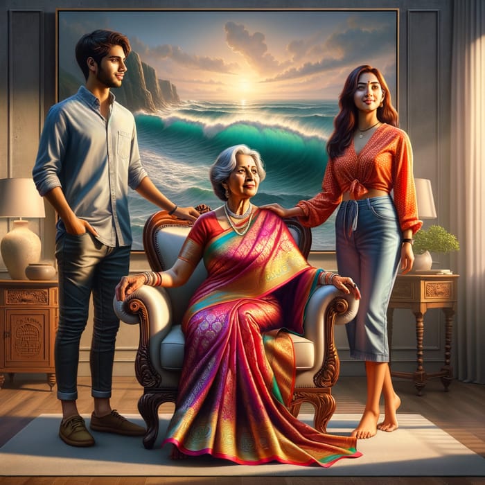 Enchanting South Asian Family Scene with Seascape Painting