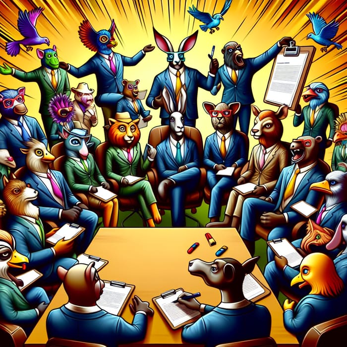 Colorful Cartoon Animals in Business Attire Team Meeting