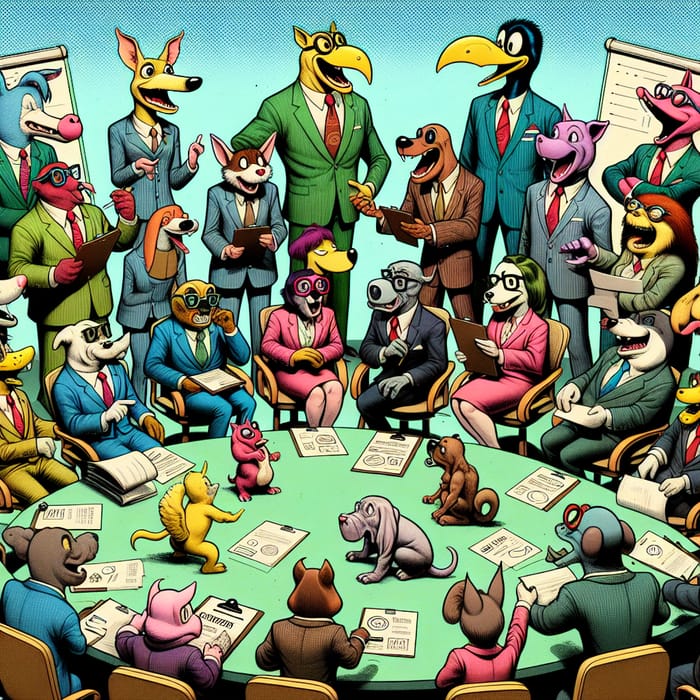Colorful Animal Characters in Comical Business Meeting