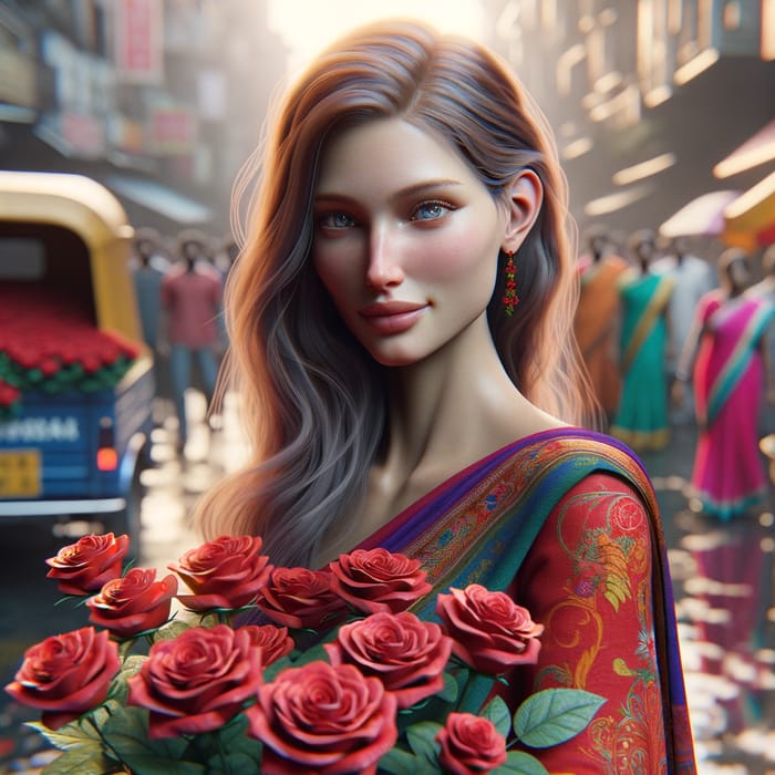 Attractive White Woman in Saree Selling Roses in India