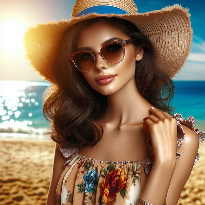 Stylish American Beach Scene | Floral Dress & Sun-Hat Fashion