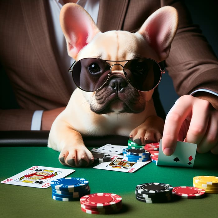 Yellow French Bulldog Playing Poker Cheating Tricks