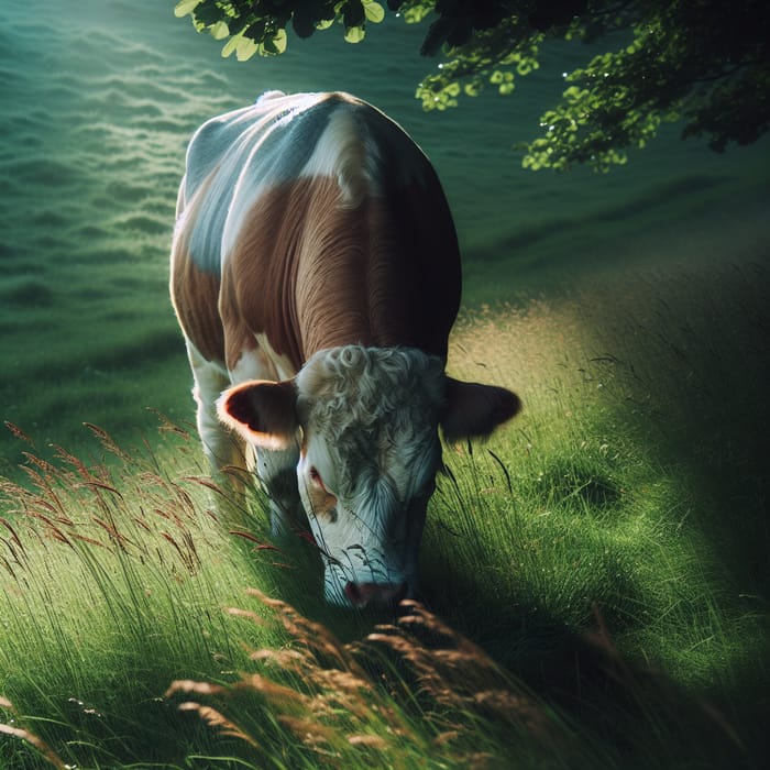 Grazing Cow in Serene Field | Scenic Beauty
