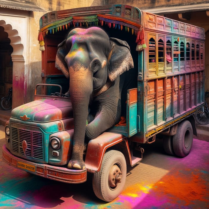 Indian Elephant Enjoys Holi Festival in Vibrant Truck
