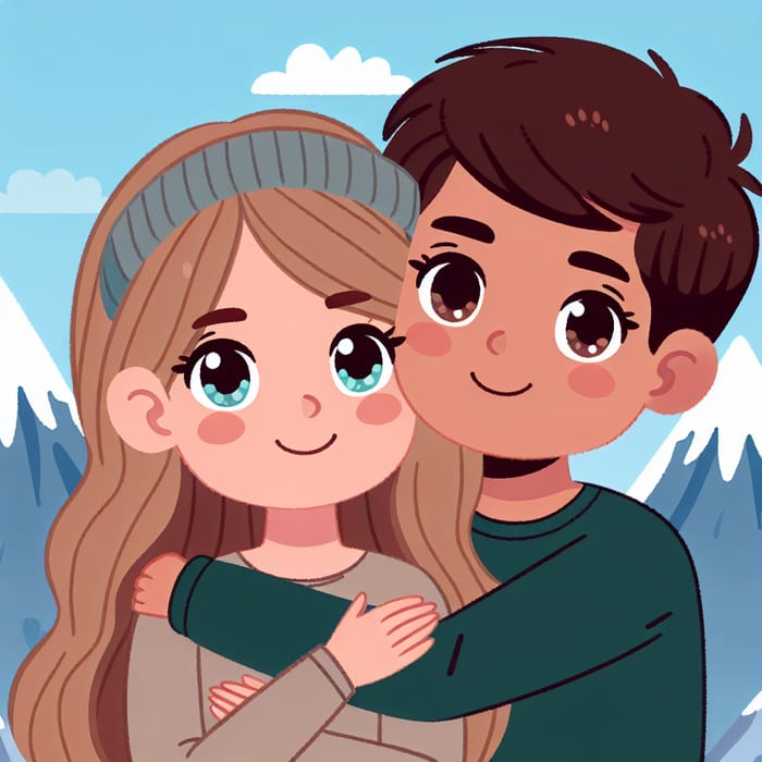 Blonde-Brunette Girl Embracing Tall Hispanic Boy with Snowy Mountains