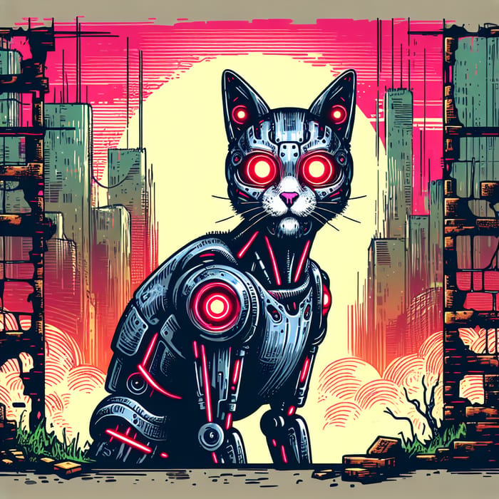 Cyberpunk Robotic Cat in Post-Apocalyptic Cityscape with Glowing Red Eyes
