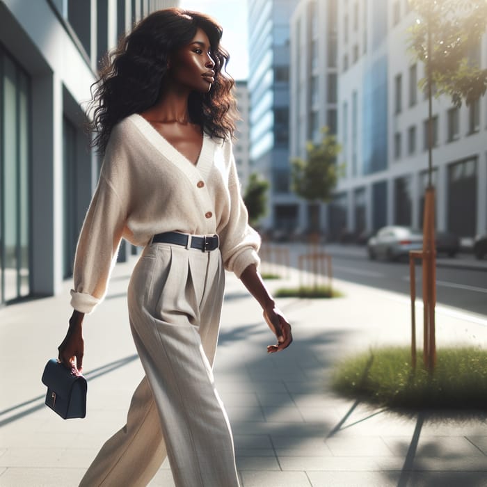 Elegant Black Woman Walking in Stylish Casual Wear