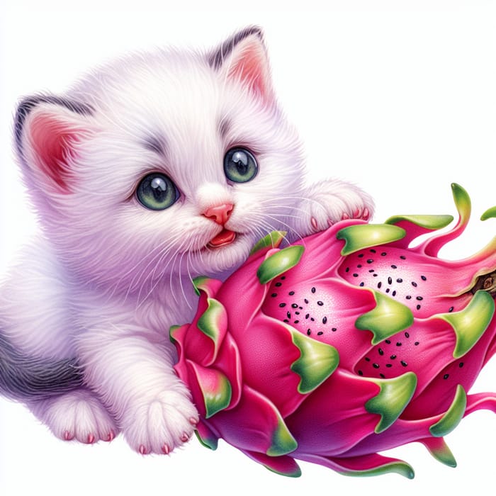 Adorable Kitten and Pitahaya: Curious White Fur with Dragon Fruit