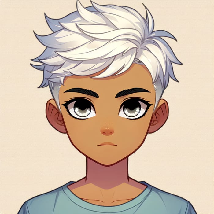 Anime Boy with Tan Skin, Stylish White Hair & Mysterious White Eyes