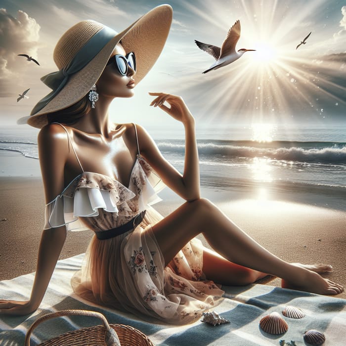 Graceful Woman Basking in the Sun at the Beach | Fashionable Summer Style