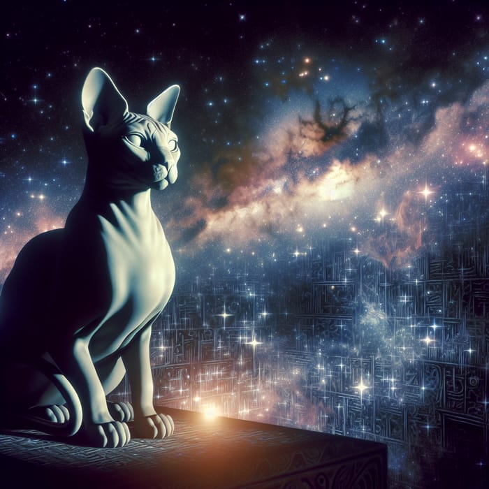 Sphinx Cat Among Stars | Celestial Gaze and Mysterious Script