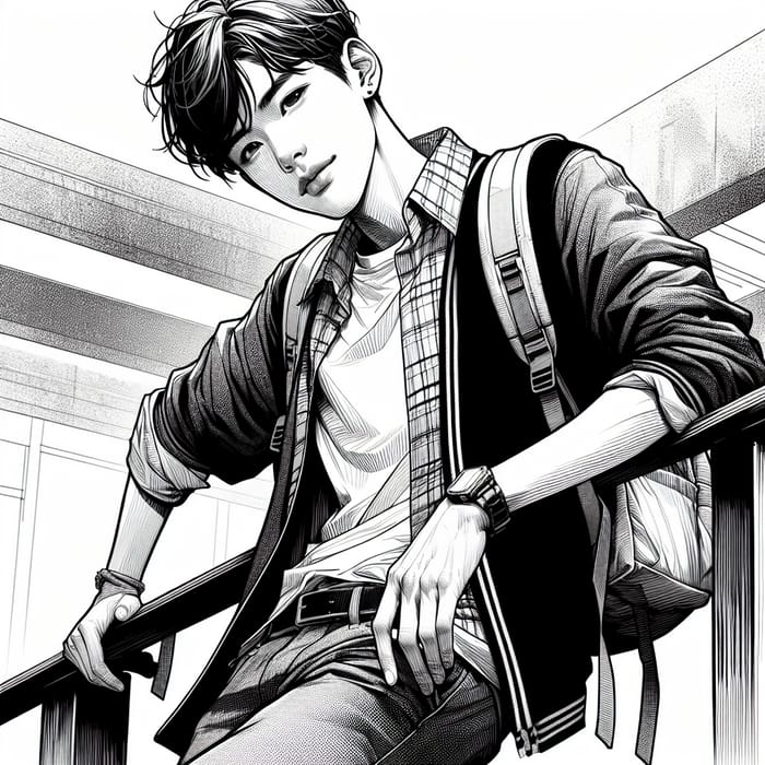 Realistic Black and White Line Art of Male Student