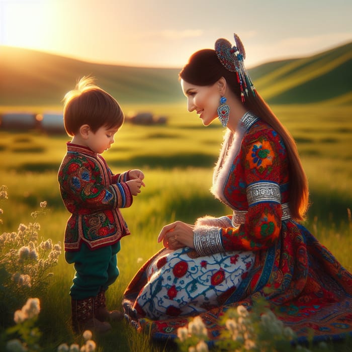 Traditional Kazakh Mother and Son Enjoying Green Meadow at Sunset