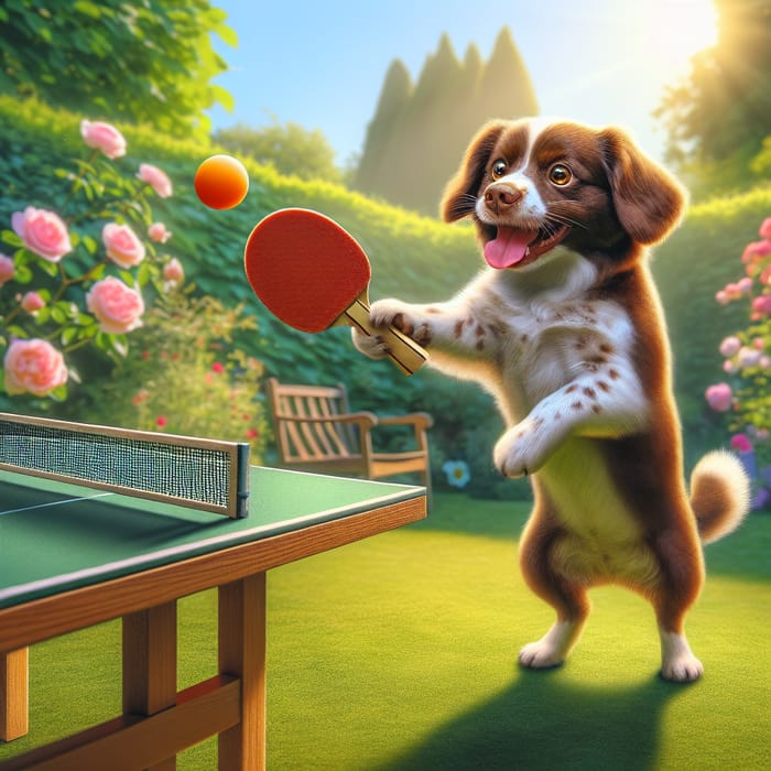 Cute Dog Playing Table Tennis in Charming Garden Scene