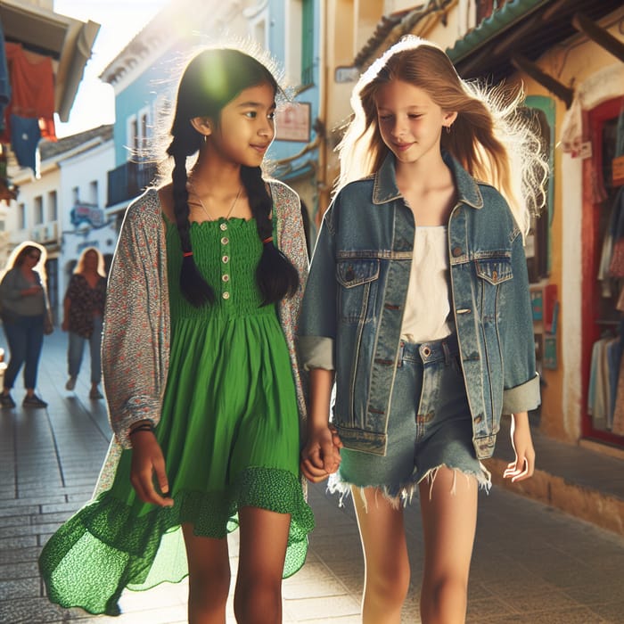Two Young Girls Exploring a Sunlit Town Together