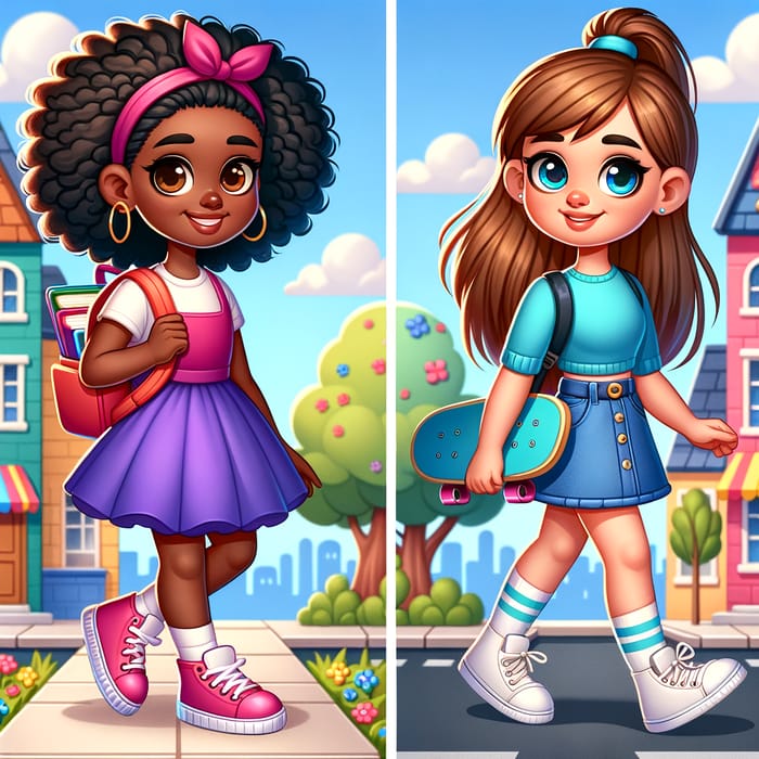 Diverse Cartoon Town Adventure with Two Young Girls