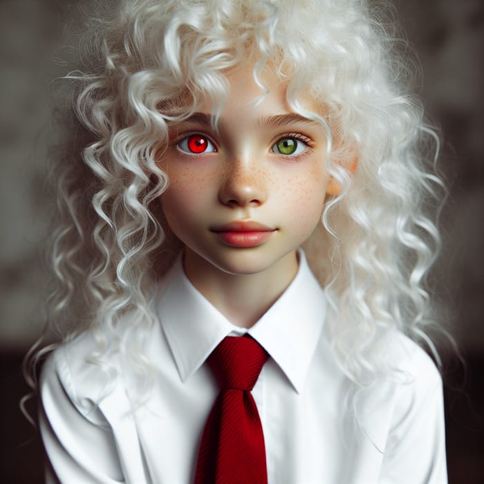 Heterochromia: Curly White Hair School Girl with Red Tie