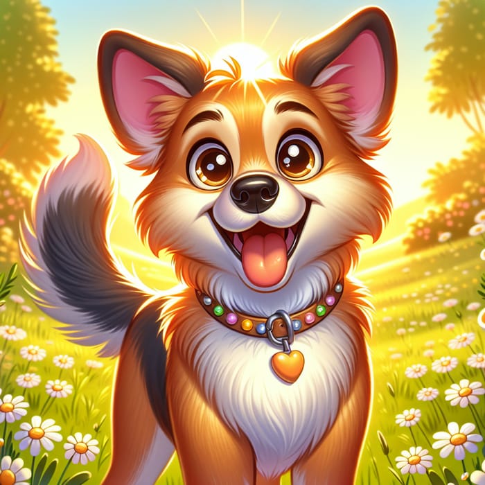 Smiling Dog in Field of Daisies