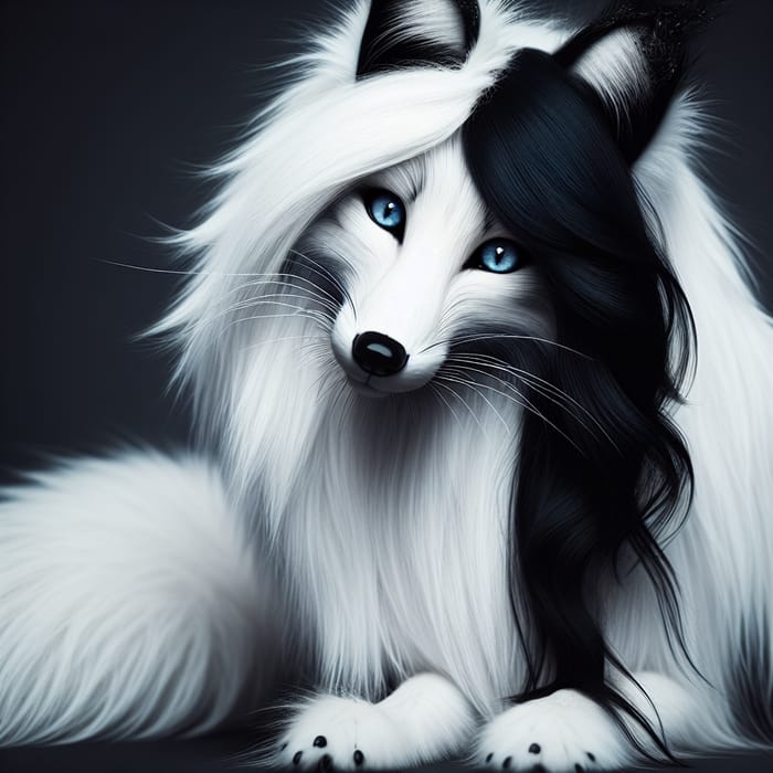 Mystical White Fox with Long Black Hair and Blue Eyes