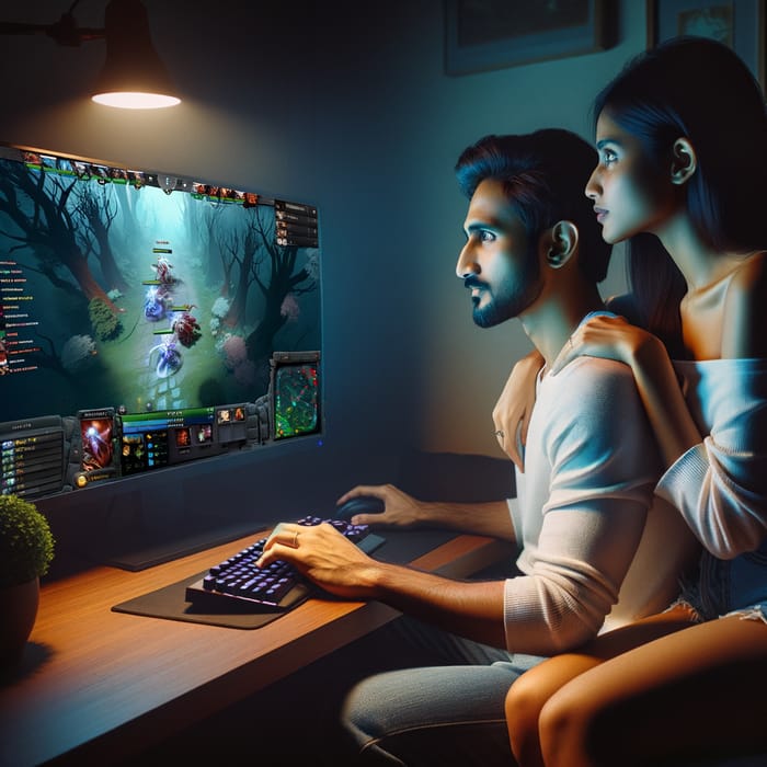 Couple Gaming Dota 2: Exciting Moment with Asian Man and Middle-Eastern Girlfriend